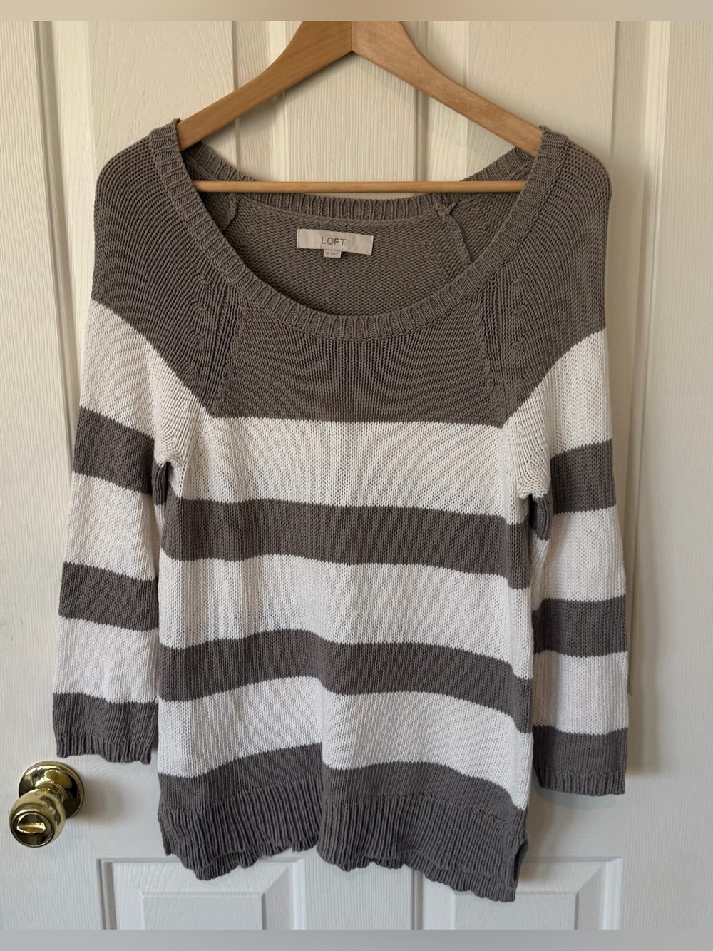 LOFT Taupe and White Striped Scoop Neck Sweater